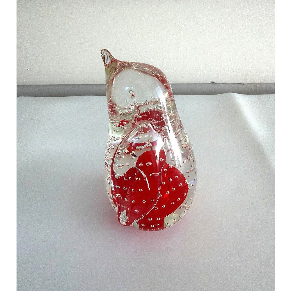 Vintage Art Glass Penguin Paperweight Red Bullicante Bubbles Hand Blown 4.5"